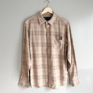 Fintech Mens Long Sleeve Plaid Flannel Button Down Shirt Tan Blue Size M